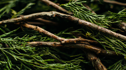 Obraz premium Lush green foliage and textured branches create natural, earthy composition. intricate details of leaves and twigs evoke sense of tranquility and connection to nature