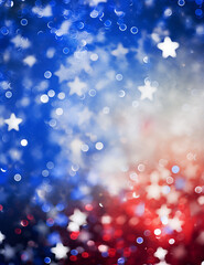 Patriotic stars with bokeh in red, blue abstract background, evoking American flag celebration spirit.