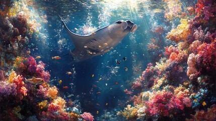Fototapeta premium A serene underwater scene featuring a manta ray among vibrant corals.