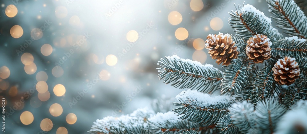 Poster snow-covered pine branch with pinecones and bokeh lights