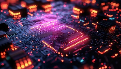 Obraz premium Close-up of a Circuit Board with Red and Pink LEDs