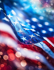 American flag with patriotic bokeh in red and blue, abstract background evoking USA celebration spirit.