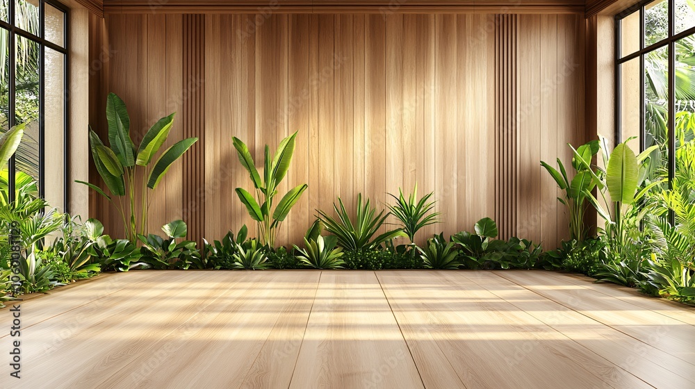Poster Soft light streaming into a minimalistic workspace with natural wood accents and lush green plants, creating a serene, balanced atmosphere with empty space for text