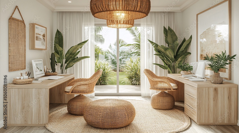 Poster neutral-toned office with clean lines, white walls, and subtle decor pieces, fostering a calming and