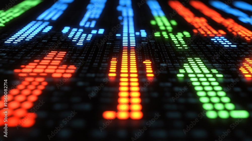 Aufkleber Charts displaying stock market fluctuations with arrows indicating rises and falls, set against a dark background with glowing financial data overlays, providing empty space for text