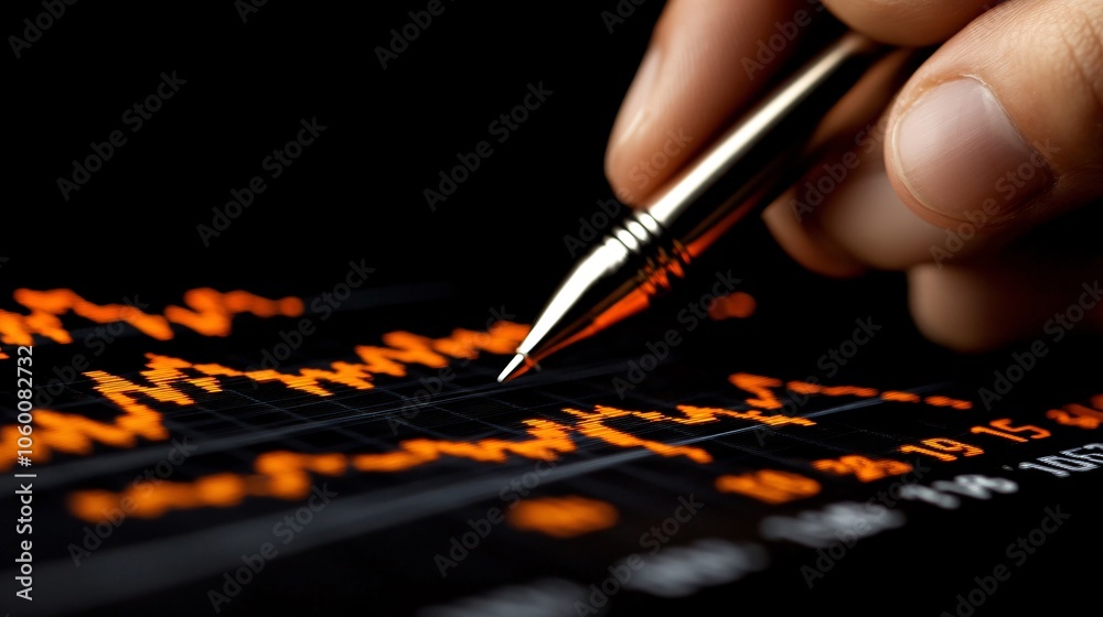 Fototapete Charts displaying stock market fluctuations with arrows indicating rises and falls, set against a dark background with glowing financial data overlays, providing empty space for text