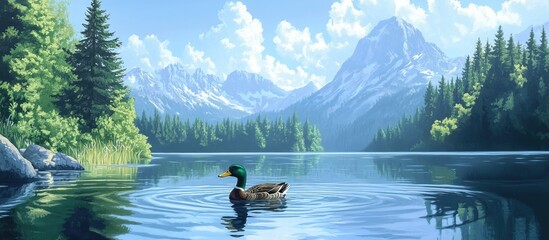 Duck Swimming in Tranquil Mountain Lake with Lush Green Trees and Majestic Peaks in the Background .