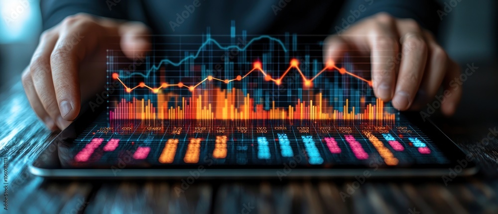 Aufkleber Hands Interacting with a Tablet Displaying Financial Data