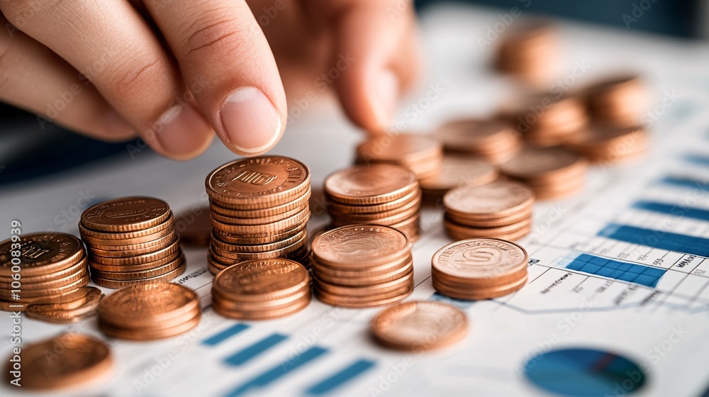 Aufkleber Hands calculating expenses with graphs and charts spread out on a table, representing the importance of budgeting and financial planning with empty space for text