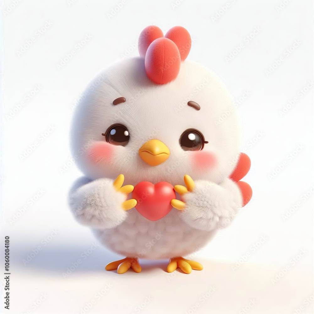 Wall mural 3d Cute fluffy christmas Chicken doing mini heart pose, full body, white background