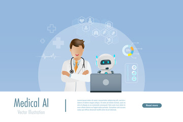 AI artificial intelligence robot working on computer assist doctor diagnosis patient health problem and advise smart solution for surgery. AI innovation technology in medical and health care. Vector.