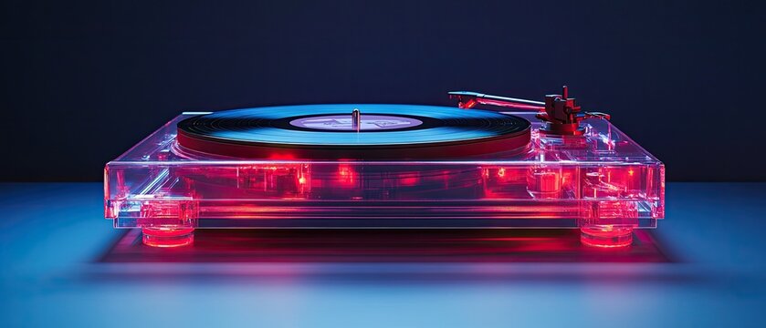 A clear, modern turntable with a black record on the platter, illuminated from within by red LED lights.