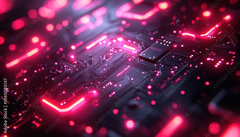 Aufkleber a closeup of a circuit board with glowing pink lines and leds