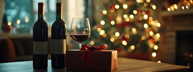 A table with two bottles of red wine and one gift box, a Christmas tree in the background, warm lighting, a red glass on top of it, the glass filled halfway, red wine in the bottles