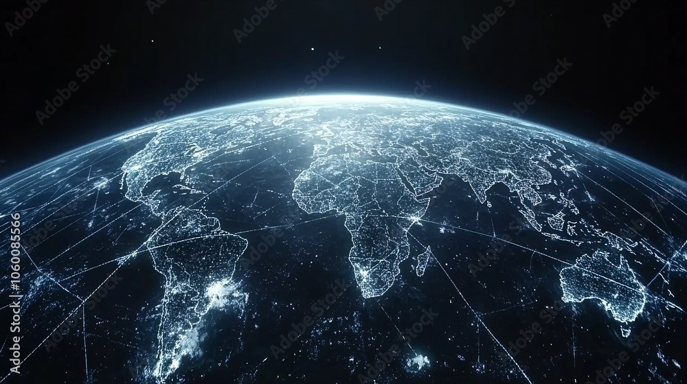 Poster visual representation of the global economy, with interconnected currency symbols, stock market data
