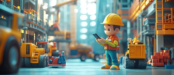 Fototapeta premium A toy construction worker uses a smartphone to check the work progress of his miniature construction site.