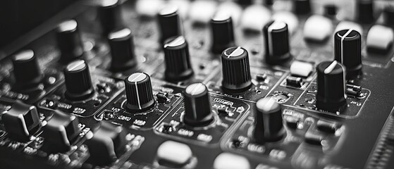 Closeup of a soundboard with knobs, buttons, and wires.