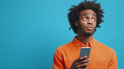 Handsome man wearing fashion shirt over blue background thinks deeply about something, uses modern mobile phone, tries to made up good message