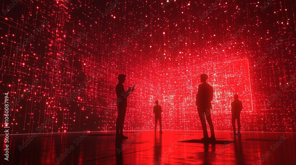 Poster Professionals collaborating with holographic displays showing data insights and digital interfaces with copy space for text