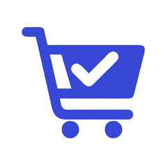 Blue shopping cart icon with checkmark on white background