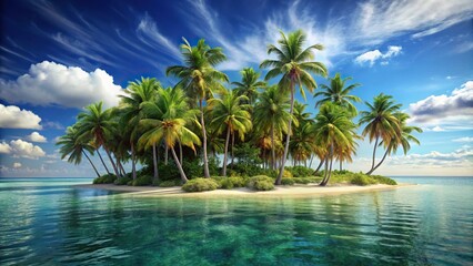 Fototapeta premium Tropical island getaway with palm trees swaying in the breeze, greenery, beach, serene atmosphere, vacation spot