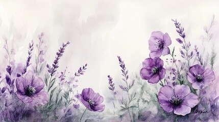 Obraz premium Elegant Watercolor Painting of Purple Wildflowers and Lavender on a Soft Pastel Background
