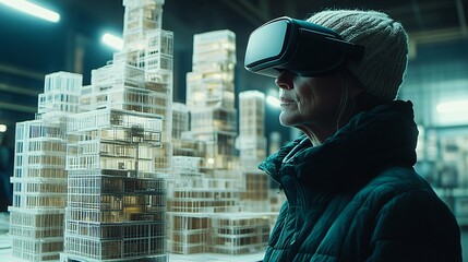 Architect designing using VR headset and virtual model projections in an innovative workspace with copy space for text