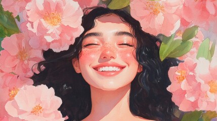 Delicate watercolor of smiling woman with dark hair and pink blossoms, vibrant artistic portrayal