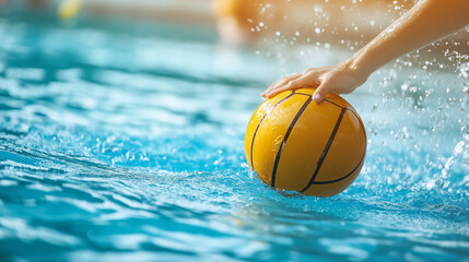 W intensywnym ujęciu widać zawodnika water polo, który energicznie sięga po piłkę w wodzie basenu.