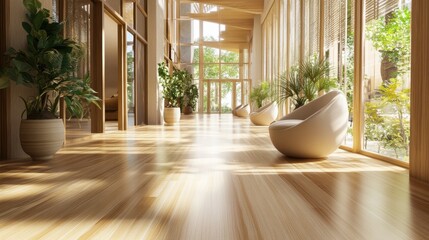 Fototapeta premium Serene Interior with Natural Wooden Texture and Plants
