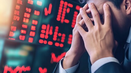 Traders in a bustling financial hub, eyes glued to screens, conveying the tense atmosphere of market volatility and the high stakes of trading.