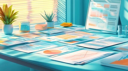 Fototapeta premium A bright workspace featuring colorful charts and graphs on a table, accompanied by plants and a window for natural light.