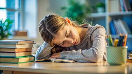 Young girl resting on book, exhausted during study session in library

