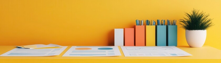 Fototapeta premium A bright workspace featuring colorful stationery, organized documents, and a potted plant against a cheerful yellow background.