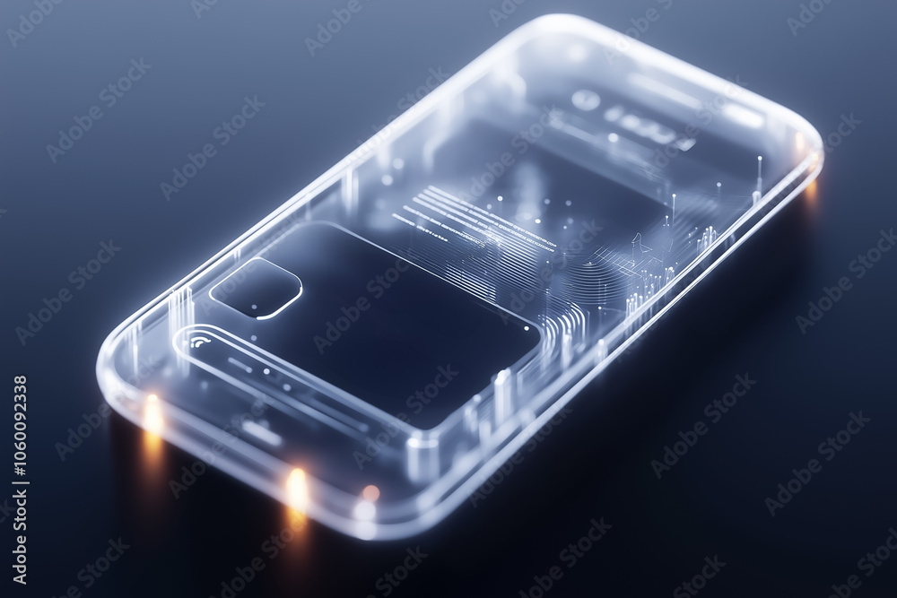 Poster this advanced mobile device showcases a translucent design with cutting-edge apps illuminated in a d