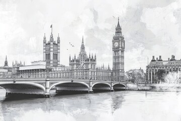 Hand drawn sketch depicting the iconic skyline of london city with artistic flair