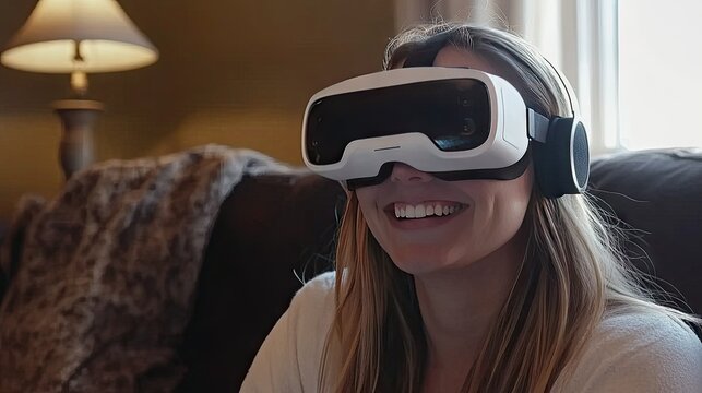 Smiling woman with VR goggles at home, virtually connecting with family and friends in a lively virtual reality experience.