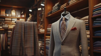 Fototapeta premium Stylish necktie with a classic suit jacket, featuring subtle stripes and rich fabric texture in a refined office setting.