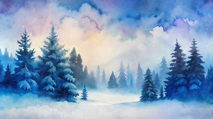 Obraz premium Winter forest watercolor with snowy pine trees