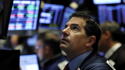 Traders in a bustling financial hub, eyes glued to screens, conveying the tense atmosphere of market volatility and the high stakes of trading.