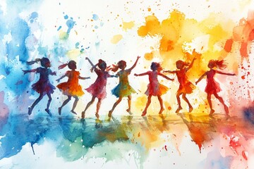 Whimsical watercolor illustration of joyful children dancing in free spirited movements