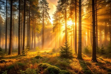 Fototapeta premium Forest at dusk with a warm golden light and misty atmosphere, moss, wildlife habitat, dusk, mist, biodiversity