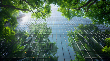 glass skyscraper facade beautifully reflects the lush green trees surrounding it, symbolizing the concept of Environmental, Social, and Governance (ESG) and sustainability in urban development