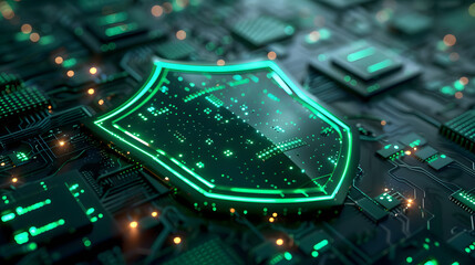 Obraz premium glowing green digital shield on a circuit board background, depicting cyber security concept, with a futuristic style. 3D Rendering