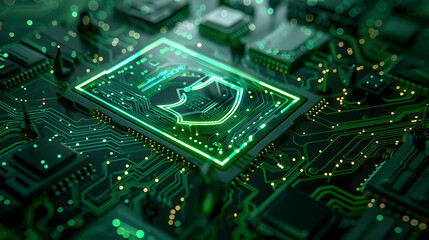Fototapeta premium glowing green digital shield on a circuit board background, depicting cyber security concept, with a futuristic style. 3D Rendering