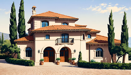 Obraz premium Luxurious Mediterranean Villa with Terracotta Roof Tiles, Arched Windows, and Olive Trees