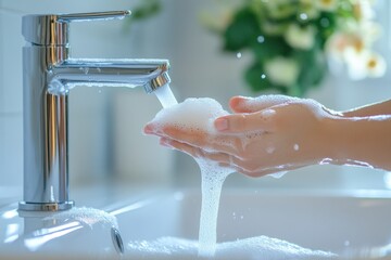Fototapeta premium Promoting hygiene effective handwashing techniques with soap for virus protection and safety