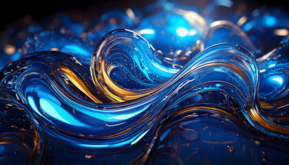 Abstract art fluid shapes reflecting blue light and color with a gloss.