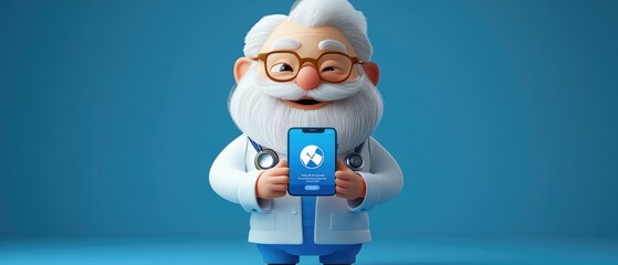 Cartoon doctor with a white coat and glasses holding a smartphone.