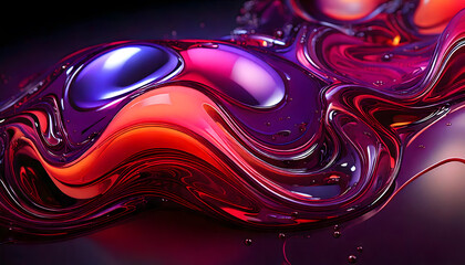 Abstract art fluid shapes reflecting red purple yellow  light and color with a gloss.